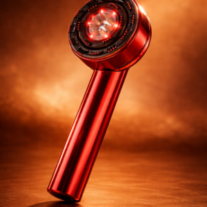 Luxury red metallic scalp therapy device shown at a 45-degree angle, highlighting the LED treatment head and sleek contours against a warm amber background with soft, dramatic lighting.