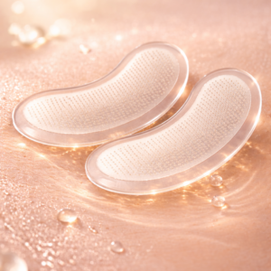Close-up of two translucent micro-infusion under-eye patches resting on smooth, hydrated skin, showing fine micro-dart texture with glowing serum droplets in a soft champagne-toned background.
