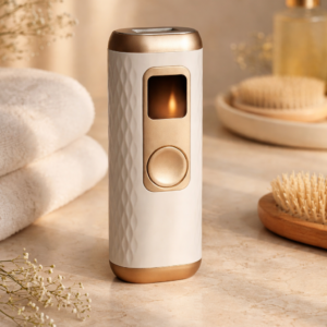 A sleek white and gold IPL beauty device standing upright on a marble surface, surrounded by spa essentials like folded towels, a wooden brush, and a skincare bottle, softly lit in a warm, calming setting.