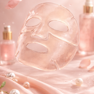 A translucent pink collagen gel sheet mask floating against a soft blush background, surrounded by rose petals, pearls, and skincare bottles, creating a luxurious and soothing beauty aesthetic.