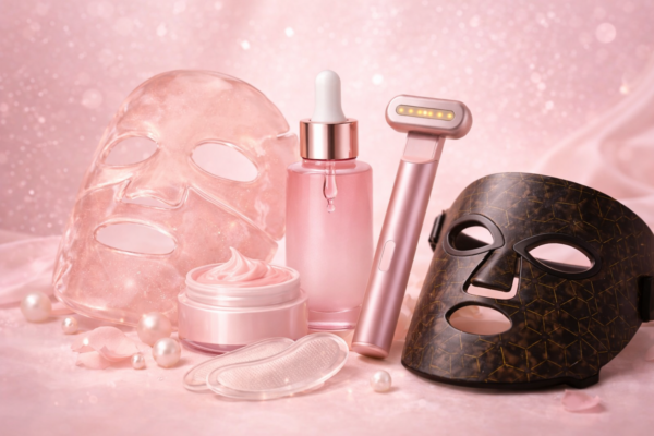 Luxury pink skincare product arrangement featuring a hydrogel face mask, serum dropper bottle, LED facial massager, eye patches, cream jar, and black LED therapy mask on a soft pastel pink background.